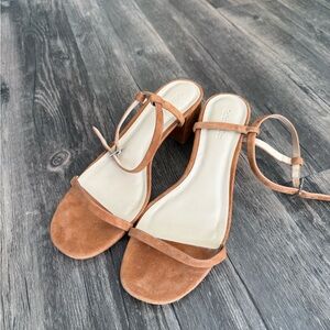 Reformation Suede Ankle-Strap Block Heel Sandals (Brown)